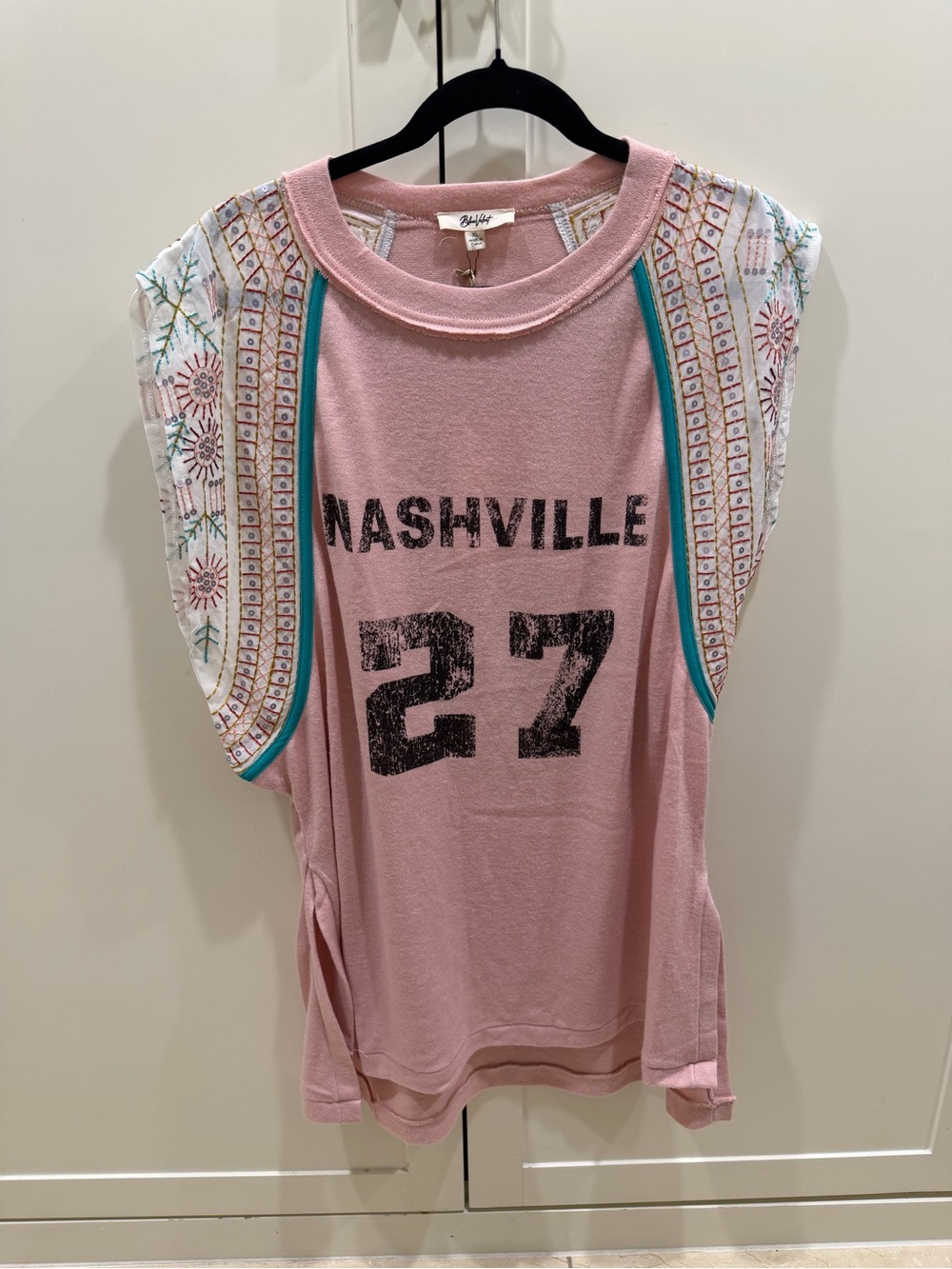 Blue Velvet Women's Nashville Graphic Pink Beaded Embroidered Tunic Top